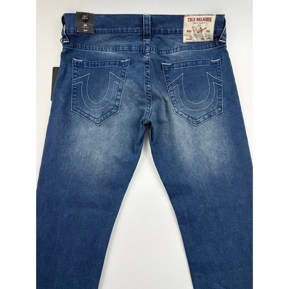 NEW TRUE RELIGION Geno Mens 34x32 Denim Blue Wash USA Relaxed Slim Fit Jeans